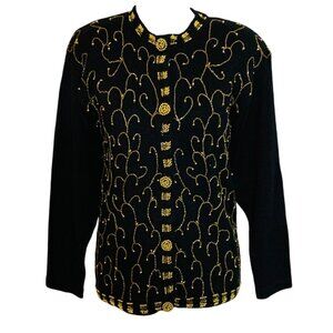 Victoria Harbour Petite PM Black Cardigan Sweater Gold Bead Embroidery Buttons